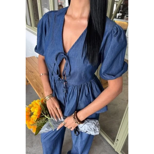 Karpuz Kol Önü Bağcıklı Plazzo Pantolon Tensel Takım 10177