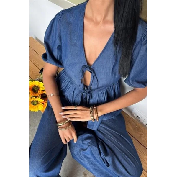 Karpuz Kol Önü Bağcıklı Plazzo Pantolon Tensel Takım 10177