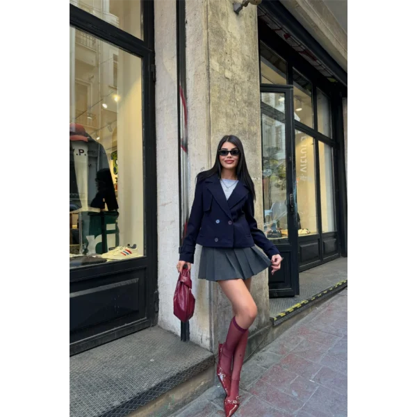 KAŞE CROP 4 DÜĞE CEKET  acivert