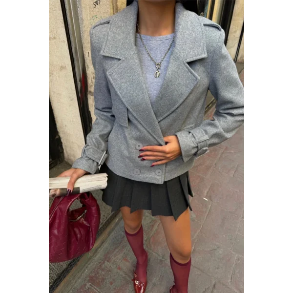 KAŞE CROP CEKET 4 DÜĞE  Gri