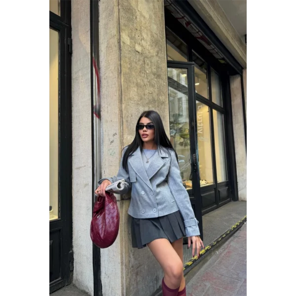 KAŞE CROP CEKET 4 DÜĞE  Gri