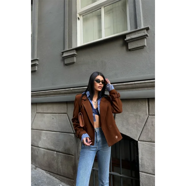 KAŞE CROP CEKET 4 DÜĞE  Kahverengi