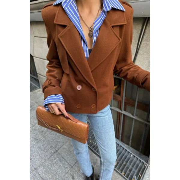 KAŞE CROP CEKET 4 DÜĞE  Kahverengi