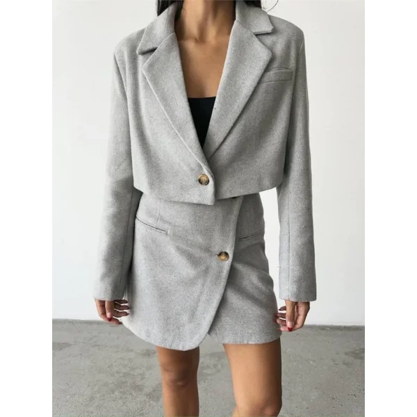 KAŞE CROP CEKET  DÜĞE DETAYI KIA ETEK TAKI  Gri