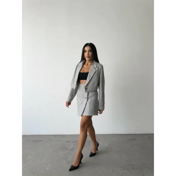 KAŞE CROP CEKET  DÜĞE DETAYI KIA ETEK TAKI  Gri