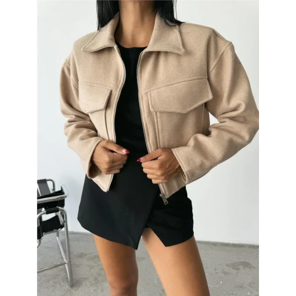 KAŞE CROP CEKET ÖNDEN FERUARI  Bej