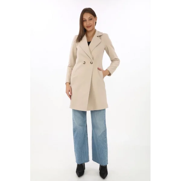 Kaşe Kaban – Siyah Yünlü Dokuma, Kruvaze Yaka, Astarlı, Cepli, Kuşaklı Uzun Boy Tesettür Uyumlu Kışlık Şık Kaban - Bej