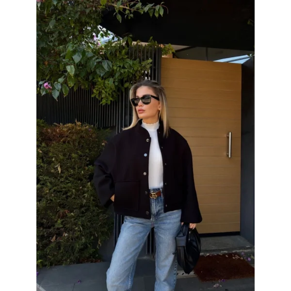 Kaşe Kaşmir Cıt Cıt Detaylı Yama Cepli Bomber Ceket  iyah