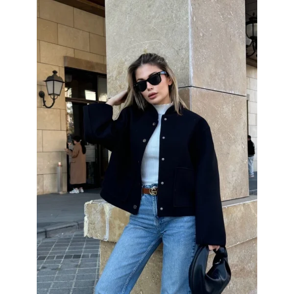 Kaşe Kaşmir Cıt Cıt Detaylı Yama Cepli Bomber Ceket  iyah