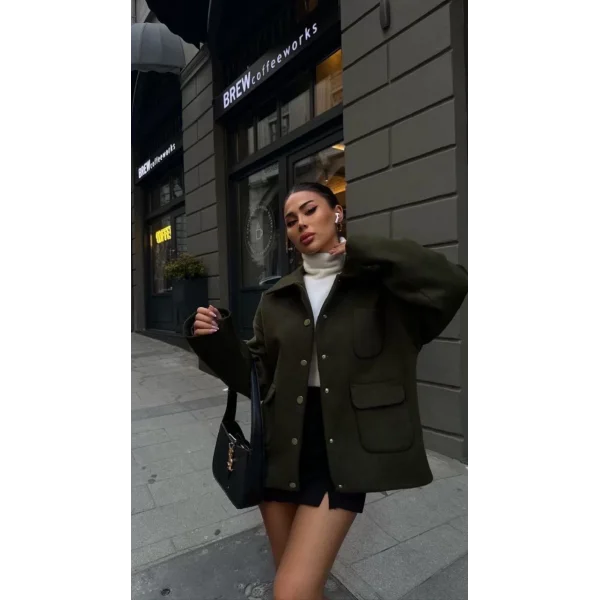 Kaşe Kaşmir kumaş cep ve çıt çıt düğme detay Bleazer pinterest ceket mont - Haki