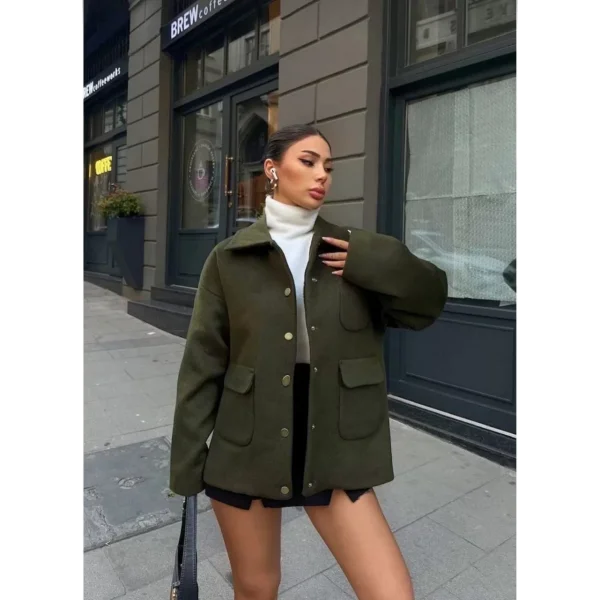 Kaşe Kaşmir kumaş cep ve çıt çıt düğme detay Bleazer pinterest ceket mont - Haki