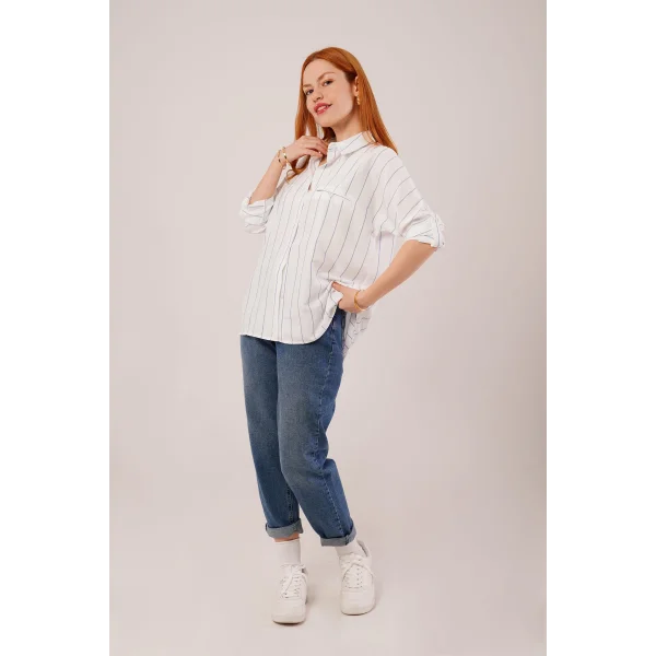 Katlanabilir Kol Ve Cep Detaylı avi Çizgili Gömlek