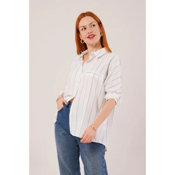 Katlanabilir Kol Ve Cep Detaylı avi Çizgili Gömlek