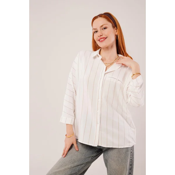Katlanabilir Kol Ve Cep Detaylı Camel Çizgili Gömlek
