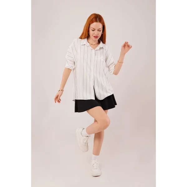 Katlanabilir Kol Ve Cep Detaylı Gri Çizgili Gömlek