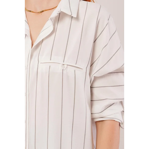 Katlanabilir Kol Ve Cep Detaylı Gri Çizgili Gömlek