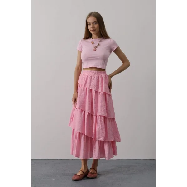 Katlı Kesim Uzun Etek - Pembe