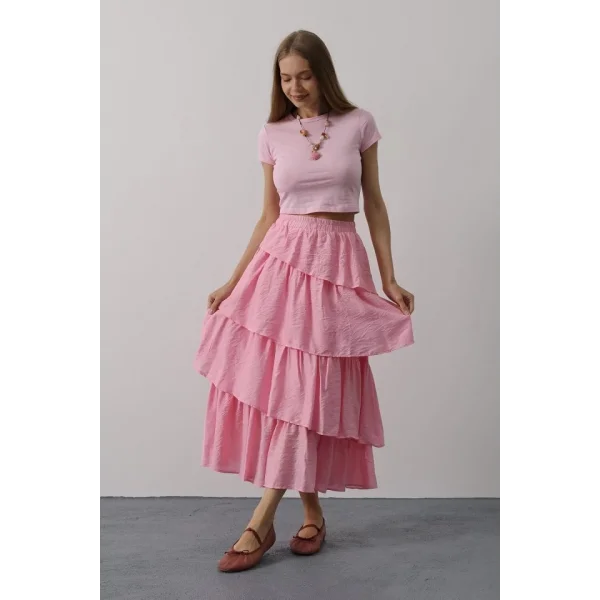 Katlı Kesim Uzun Etek - Pembe