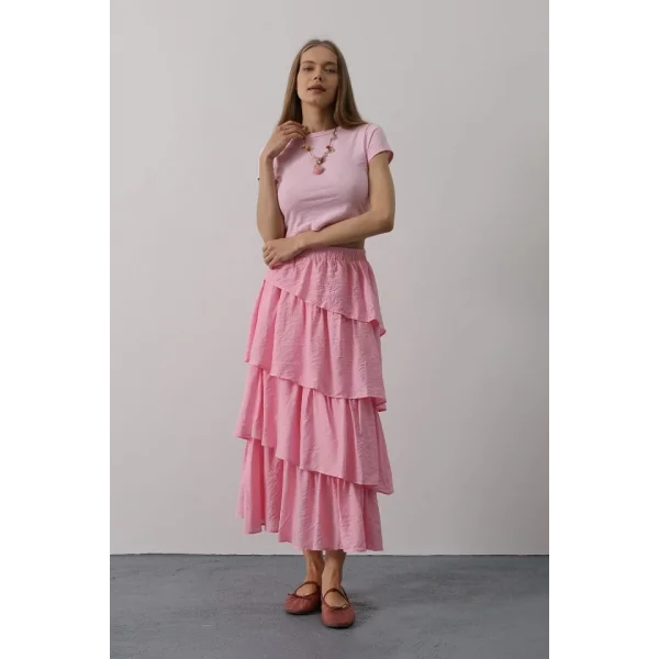 Katlı Kesim Uzun Etek - Pembe