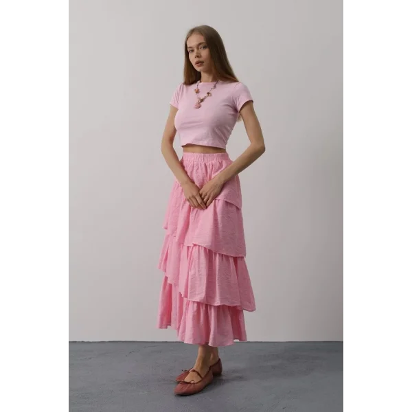 Katlı Kesim Uzun Etek - Pembe