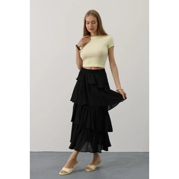 Katlı Kesim Uzun Etek - Siyah