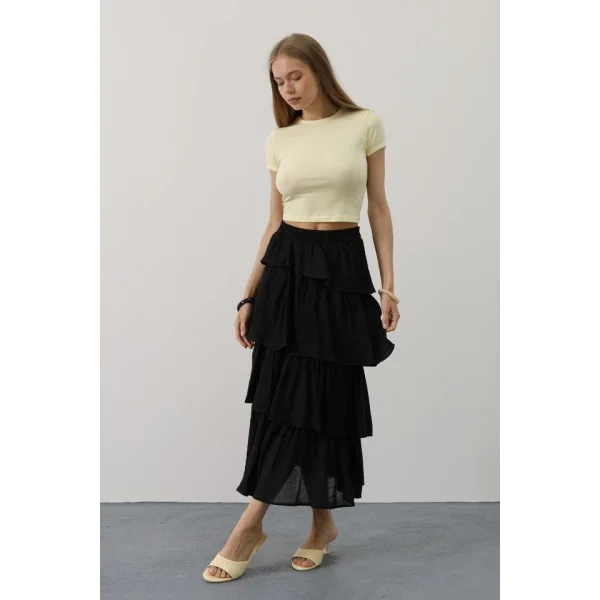 Katlı Kesim Uzun Etek - Siyah