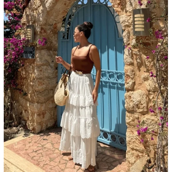 Katlı Pileli Etek - Ekru