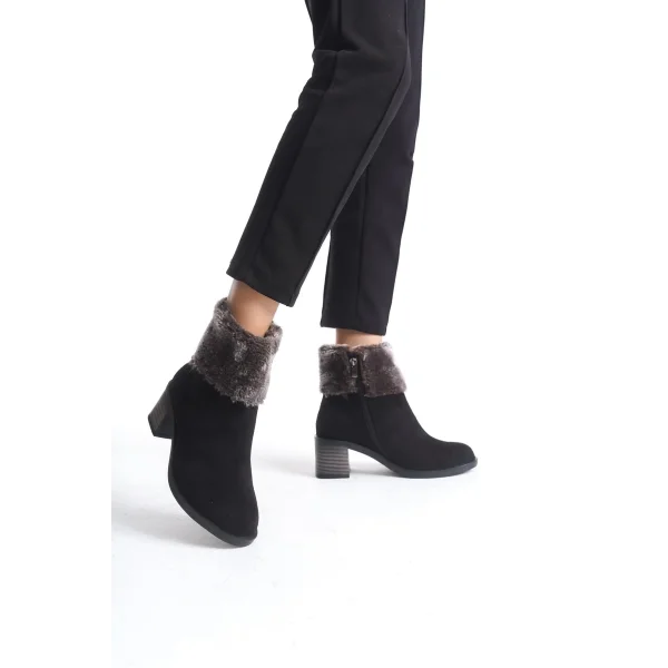 KATYA Fermuarlı Ortopedik Taban Topuklu Kürk Detaylı Süet Kadın Bot  SST - Siyah