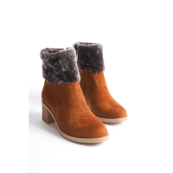 KATYA Fermuarlı Ortopedik Taban Topuklu Kürk Detaylı Süet Kadın Bot  STT - Taba