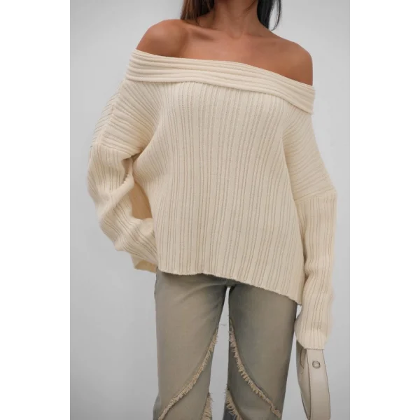 Kayık Yaka Fitilli Triko Kazak