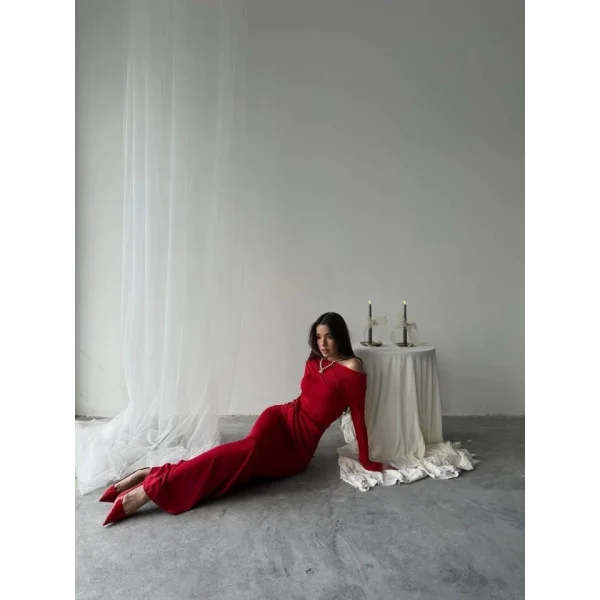 Kayık Yaka Uzun Kurdele Elbise