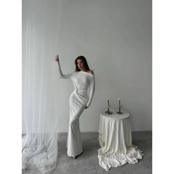 Kayık Yaka Uzun Kurdele Elbise