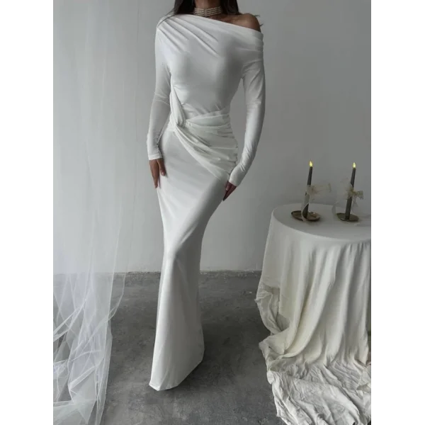 Kayık Yaka Uzun Kurdele Elbise