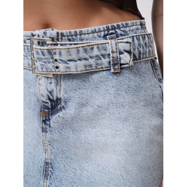 Kemer Detay Denim Mini Etek