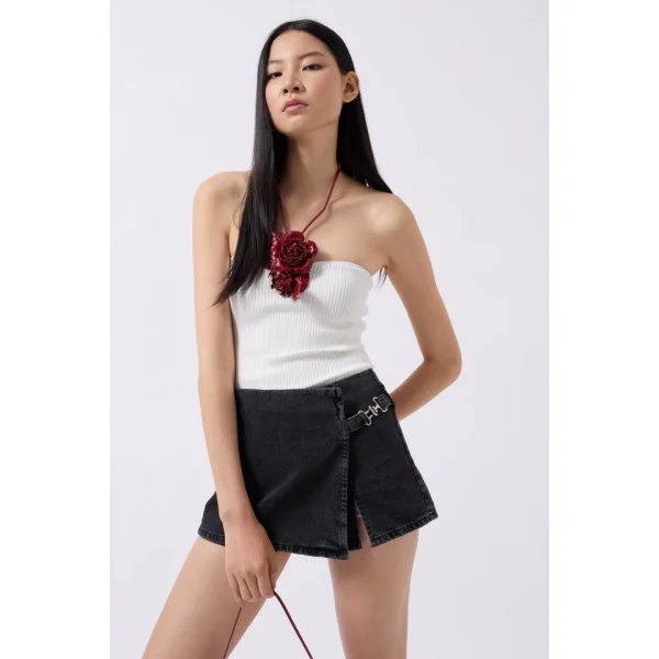 Kemer Detay Denim Şort Etek