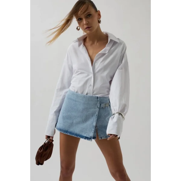 Kemer Detay Denim Şort Etek