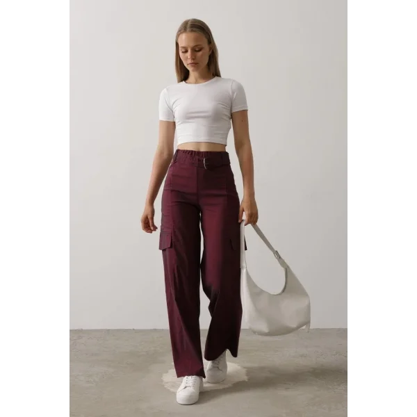 Kemerli Cargo Pantolon - Bordo