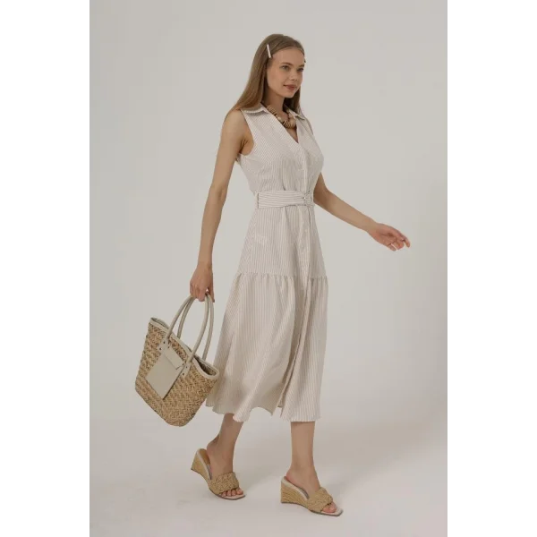 Kemerli Çizgili Elbise - Taş