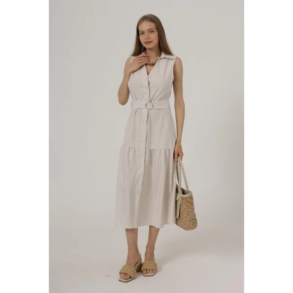 Kemerli Çizgili Elbise - Taş