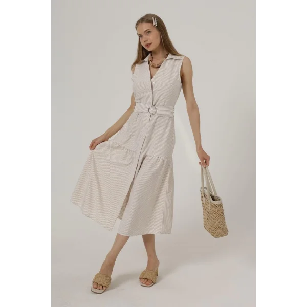 Kemerli Çizgili Elbise - Taş