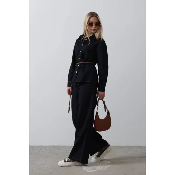 Kemerli Denim Takım - Mavi