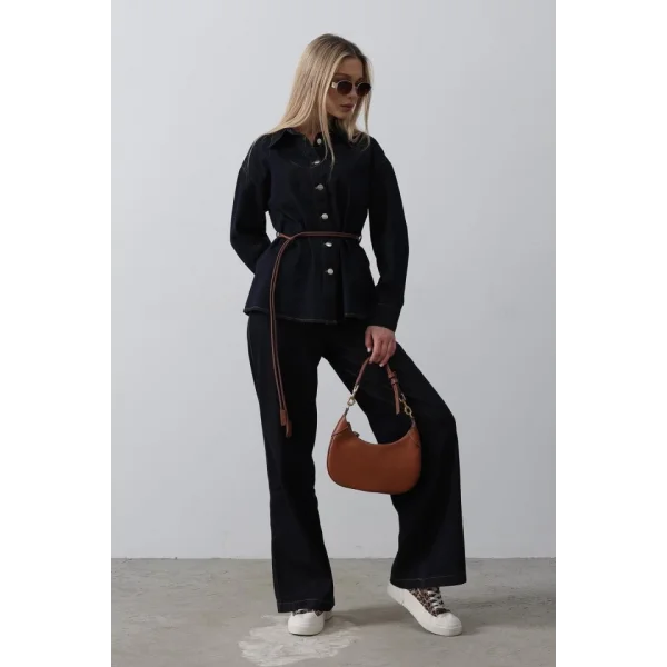 Kemerli Denim Takım - Mavi