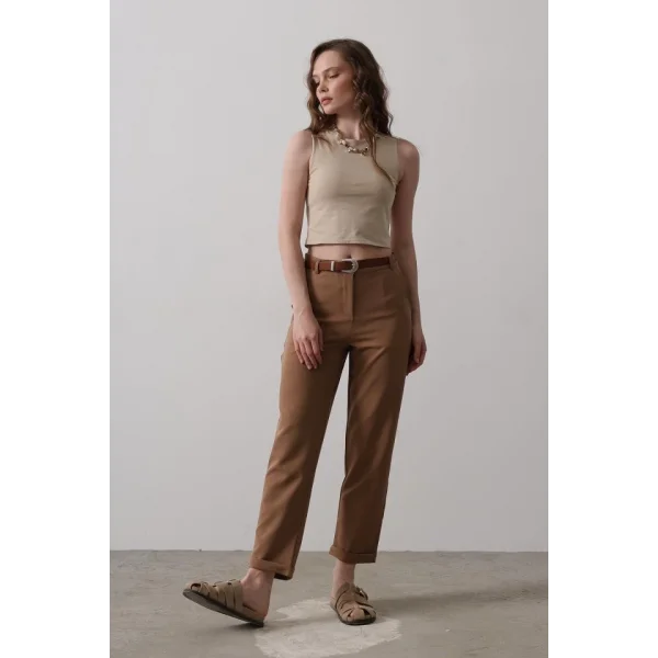 Kemerli Havuç Pantolon - Taba