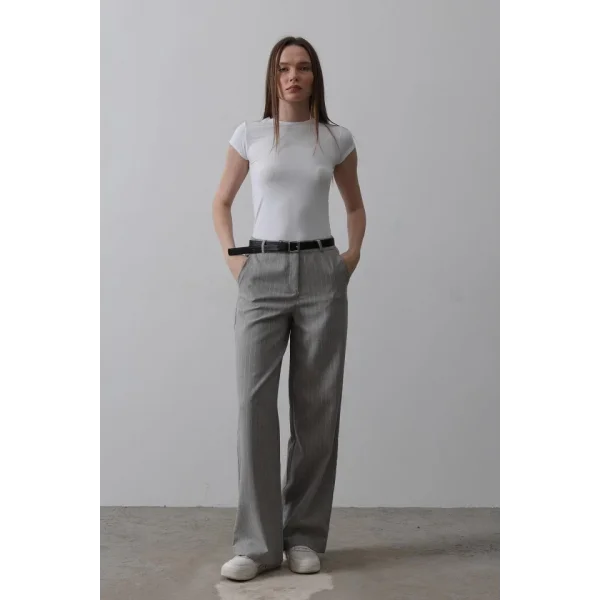 Kemerli Palazzo Pantolon - Gri-Beyaz