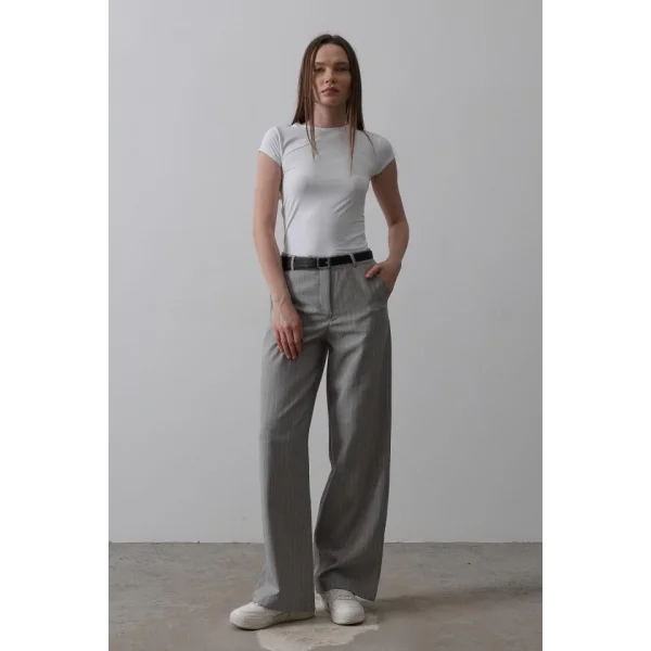 Kemerli Palazzo Pantolon - Gri-Beyaz