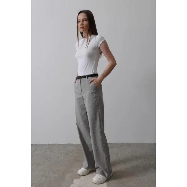 Kemerli Palazzo Pantolon - Gri-Beyaz