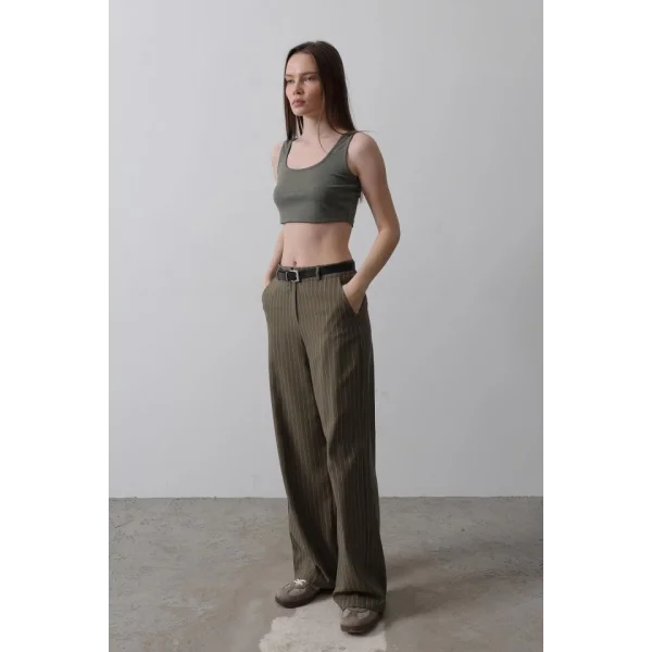 Kemerli Palazzo Pantolon - Haki-Beyaz