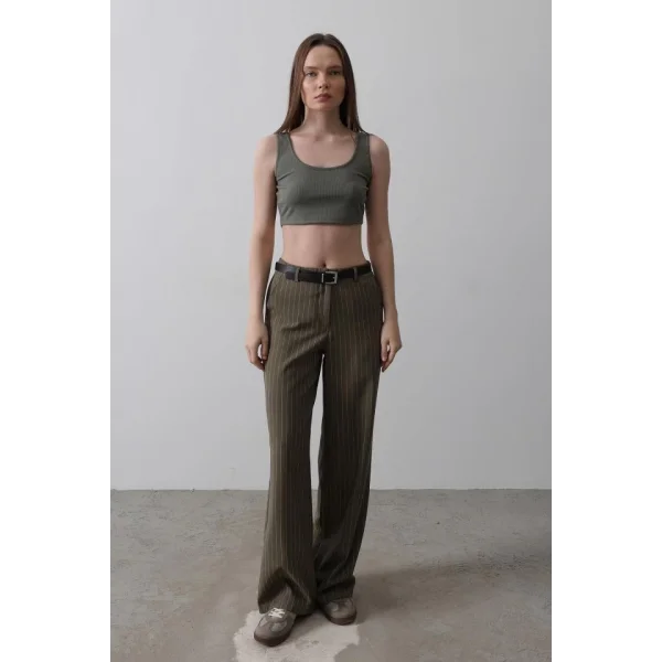 Kemerli Palazzo Pantolon - Haki-Beyaz