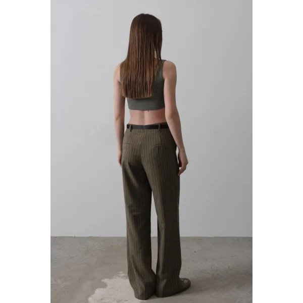 Kemerli Palazzo Pantolon - Haki-Beyaz