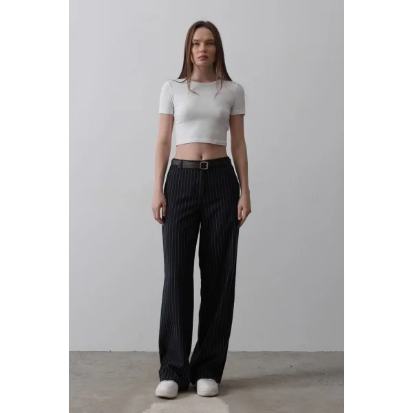 Kemerli Palazzo Pantolon - Lacivert-Beyaz